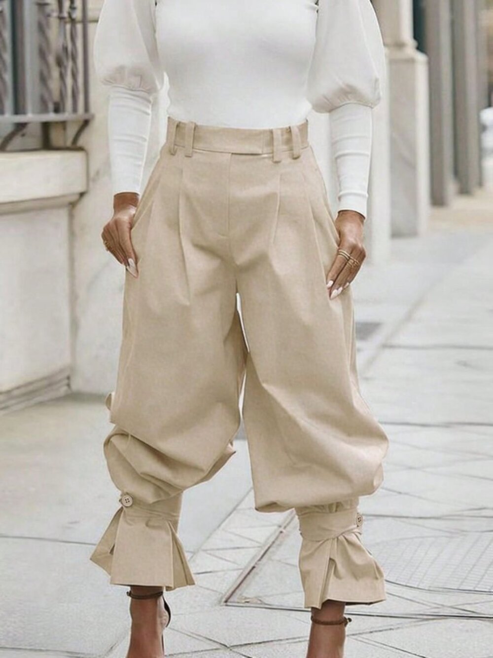 Apricot Casual Women's High-Waist Balloon Pants with Pleated Ruffle Hem - Picture 3 of 4